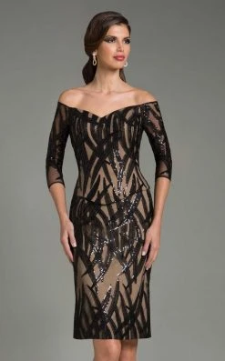 Feriani Couture Beaded Print Off Shoulder Cocktail Dress - 1 Pc Black/Nude In Size 16 Available