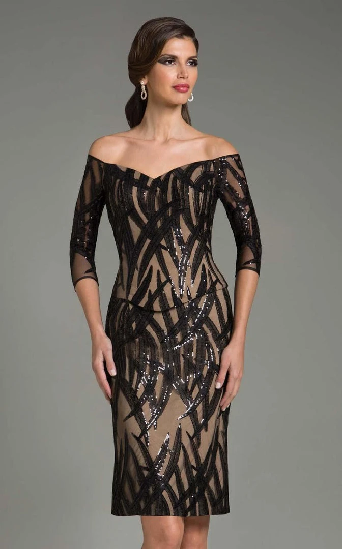 Feriani Couture Beaded Print Off Shoulder Cocktail Dress - 1 Pc Black/Nude In Size 16 Available 3 Feriani Couture Beaded Print Off Shoulder Cocktail Dress - 1 Pc Black/Nude In Size 16 Available