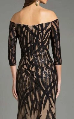 Feriani Couture Beaded Print Off Shoulder Cocktail Dress - 1 Pc Black/Nude In Size 16 Available 6 Feriani Couture Beaded Print Off Shoulder Cocktail Dress - 1 Pc Black/Nude In Size 16 Available