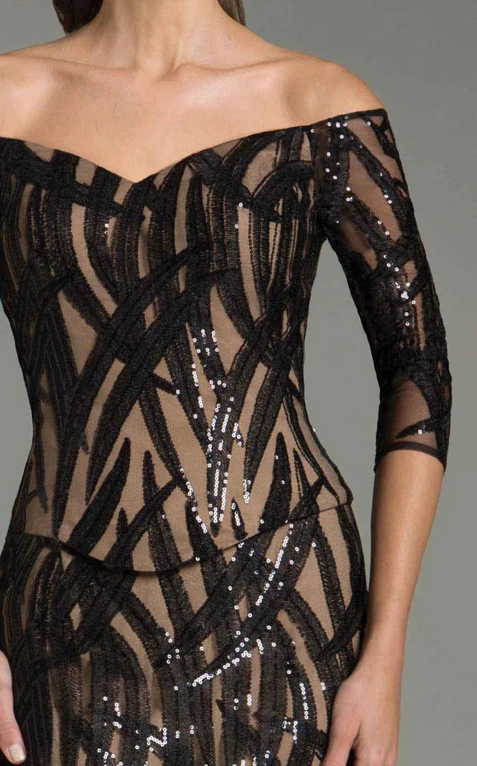 Feriani Couture Beaded Print Off Shoulder Cocktail Dress - 1 Pc Black/Nude In Size 16 Available 5 Feriani Couture Beaded Print Off Shoulder Cocktail Dress - 1 Pc Black/Nude In Size 16 Available