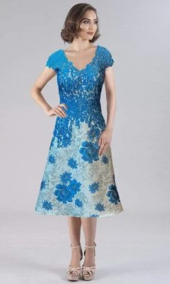 Gia Franco - 12111 V Neck Lace Tea Length Dress