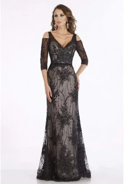 Gia Franco - 12904 Applique Plunging V-neck Trumpet Dress