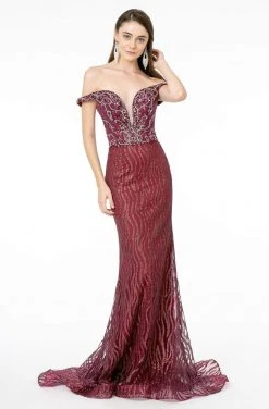 GLS By Gloria - GL1818 Plunging Off Shoulder Jeweled Mermaid Gown
