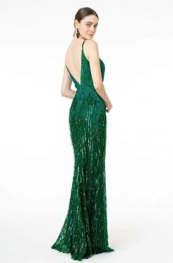 GLS By Gloria - GL1824 Plunging Sequin Fringed Sheath Gown
