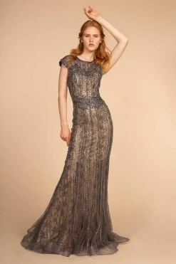 GLS By Gloria - GL2533 Jeweled Cap Sleeves Sheath Evening Gown