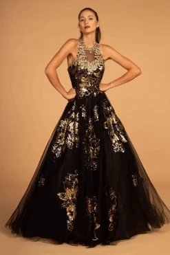 GLS By Gloria - GL2655 Gold Embellished Halter Evening Gown