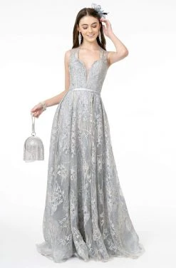 GLS By Gloria - GL2835 Embellished Lace Deep V-Neck A-Line Gown