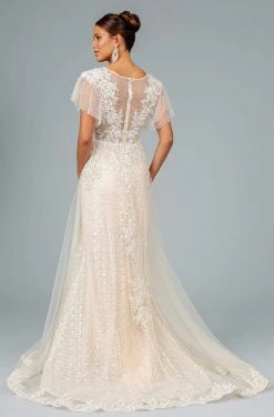 GLS By Gloria - GL2881 Sheer Flutter Sleeve Appliqued Overskirt Gown