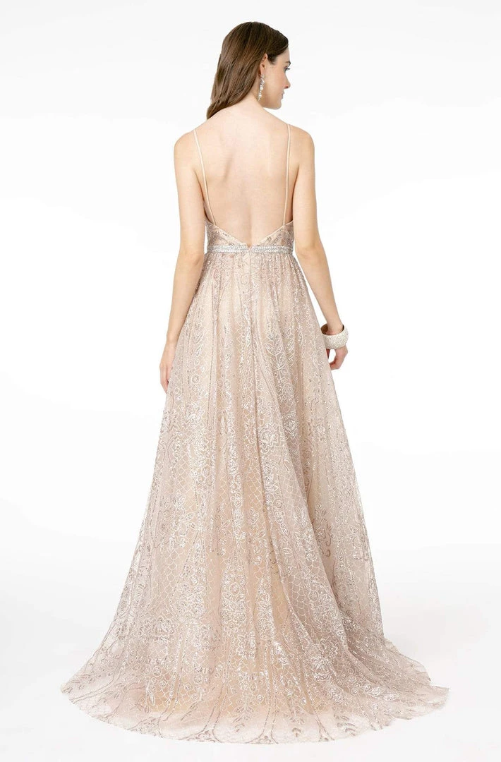 GLS By Gloria - GL2915 Deep V-Neck Glitter Mesh A-Line Dress 4 GLS By Gloria - GL2915 Deep V-Neck Glitter Mesh A-Line Dress