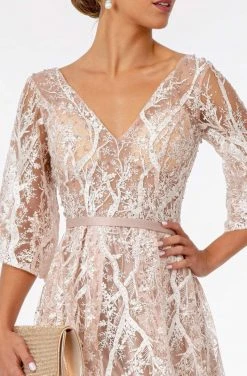 GLS By Gloria - GL2973 Embroidered V-Neck A-Line Dress