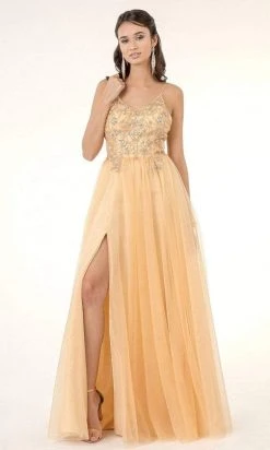 GLS By Gloria - GL2983 Embellished V Neck Mesh A-line Dress