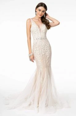 GLS By Gloria - GL2985 Embroidered Deep V-Neck Trumpet Dress