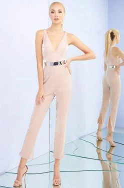 Party Dresses Ieena Duggal - 26100I Plunging V-neck Jumpsuit With Slits