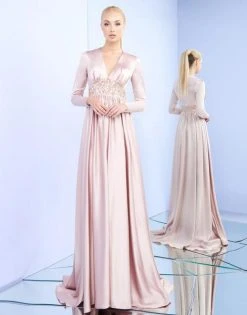 Ieena Duggal - 26103I Long Sleeve V-neck Beaded A-line Dress Mac Duggal