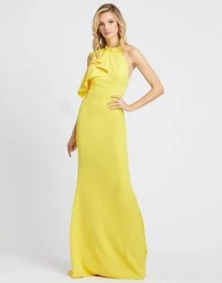 Ieena Duggal - 26193I Ruffled Halter Trumpet Dress With Train