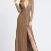 Ieena Duggal - 26194I Long Sleeve Deep V-neck Sheath Dress