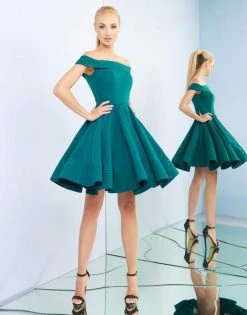 Ieena Duggal - 48774I Off Shoulder A-Line Pleated Cocktail Dress