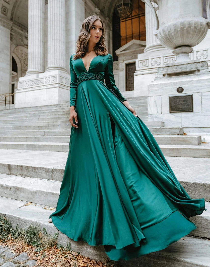 Ieena Duggal - 55245I Long Sleeve Plunging V-Neck High Slit Gown 5 Ieena Duggal - 55245I Long Sleeve Plunging V-Neck High Slit Gown