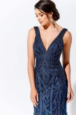 Ivonne D By Mon Cheri - 120D03 Plunging V-Neck Metallic Lace Dress Ivonne D For Mon Cheri