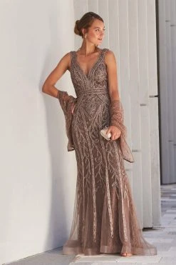 Ivonne D By Mon Cheri - 120D03 Plunging V-Neck Metallic Lace Dress Ivonne D For Mon Cheri