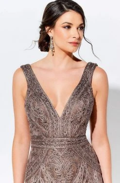 Ivonne D By Mon Cheri - 120D03 Plunging V-Neck Metallic Lace Dress Ivonne D For Mon Cheri