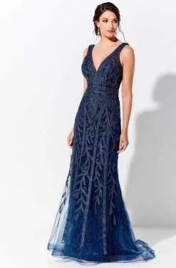 Ivonne D By Mon Cheri - 120D03 Plunging V-Neck Metallic Lace Dress Ivonne D For Mon Cheri