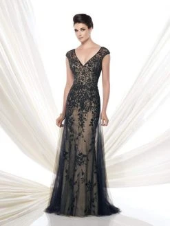 Ivonne D By Mon Cheri - Beaded Tulle Dress 115D74 - 1 Pc Navy Blue Nude In Size 4 Available
