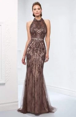 Ivonne D For Mon Cheri - 218D27 Beaded Lace Sheer Halter Fitted Dress