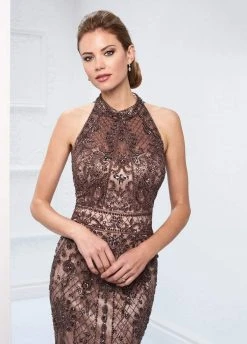 Ivonne D For Mon Cheri - 218D27 Beaded Lace Sheer Halter Fitted Dress 7 Ivonne D For Mon Cheri - 218D27 Beaded Lace Sheer Halter Fitted Dress
