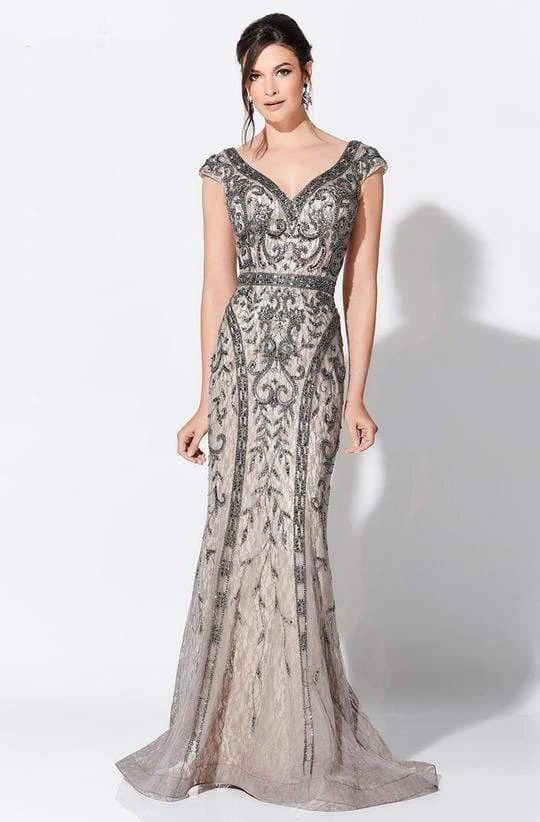 Ivonne D For Mon Cheri - Bead Embellished V-Neck Sheath Evening Dress 119D42 - 1 Pc Smoke/Nude In Size 18 Available 3 Ivonne D For Mon Cheri - Bead Embellished V-Neck Sheath Evening Dress 119D42 - 1 Pc Smoke/Nude In Size 18 Available