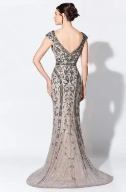 Ivonne D For Mon Cheri - Bead Embellished V-Neck Sheath Evening Dress 119D42 - 1 Pc Smoke/Nude In Size 18 Available