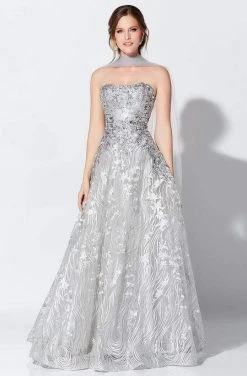 Ivonne D For Mon Cheri - Beaded Lace Semi-Sweetheart Ballgown 119D47B - 1 Pc Silver/Multi In Size 4 Available