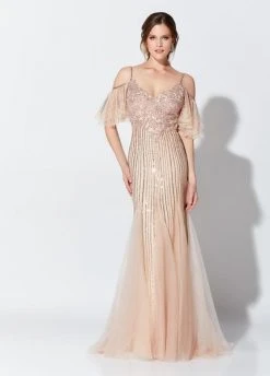 Ivonne D For Mon Cheri - Beaded V-Neck Cold Shoulder Evening Dress 119D46 - 1 Pc Rosegold/Nude In Size 12 Available