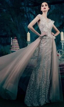 Janique 15761 - Cap Sleeve Illusion V-neck Long Dress