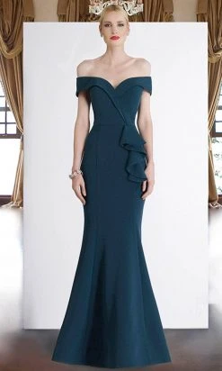 Janique - 1936 Off Shoulder Ruffled Accent Mermaid Gown In Teal