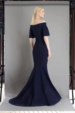 Janique - 1941 Notched Off Shoulder Ruffle Sleeve Evening Gown