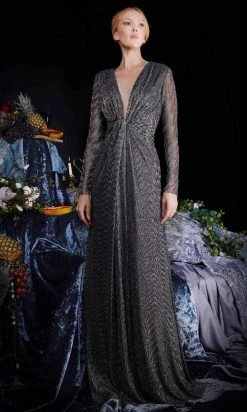 Janique 210922 - Long Sleeve Plunging V-neck Evening Dress