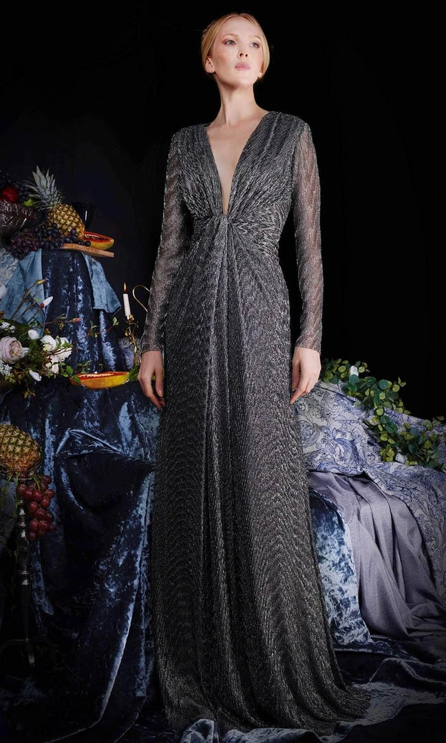 Janique 210922 - Long Sleeve Plunging V-neck Evening Dress 3 Janique 210922 - Long Sleeve Plunging V-neck Evening Dress