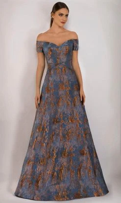 Janique - 5621 Off Shoulder Metallic Accented Jacquard Gown
