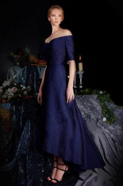 Janique - 61022 Off Shoulder Jacquard High Low A-line Dress