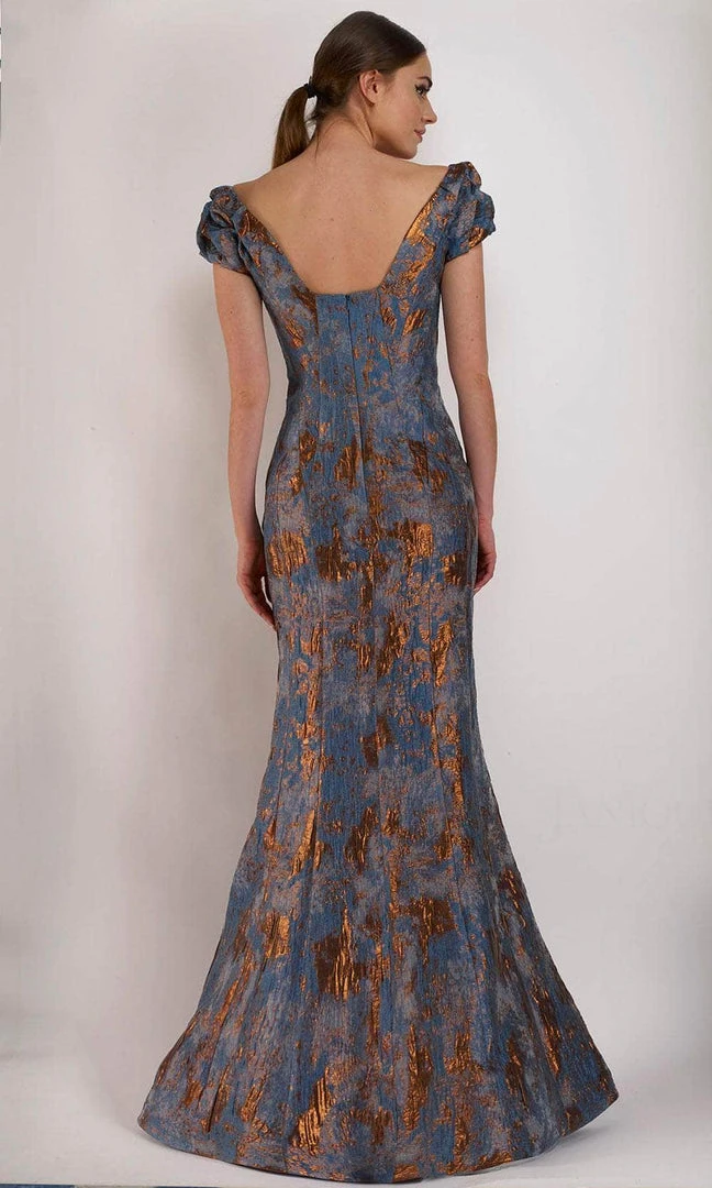 Janique - 66721 Ruched Cap Sleeve Jacquard Mermaid Gown 4 Janique - 66721 Ruched Cap Sleeve Jacquard Mermaid Gown