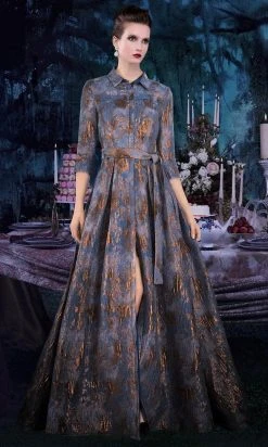 Janique - 71321 Cuffed Quarter Sleeve Button Down Jacquard Dress