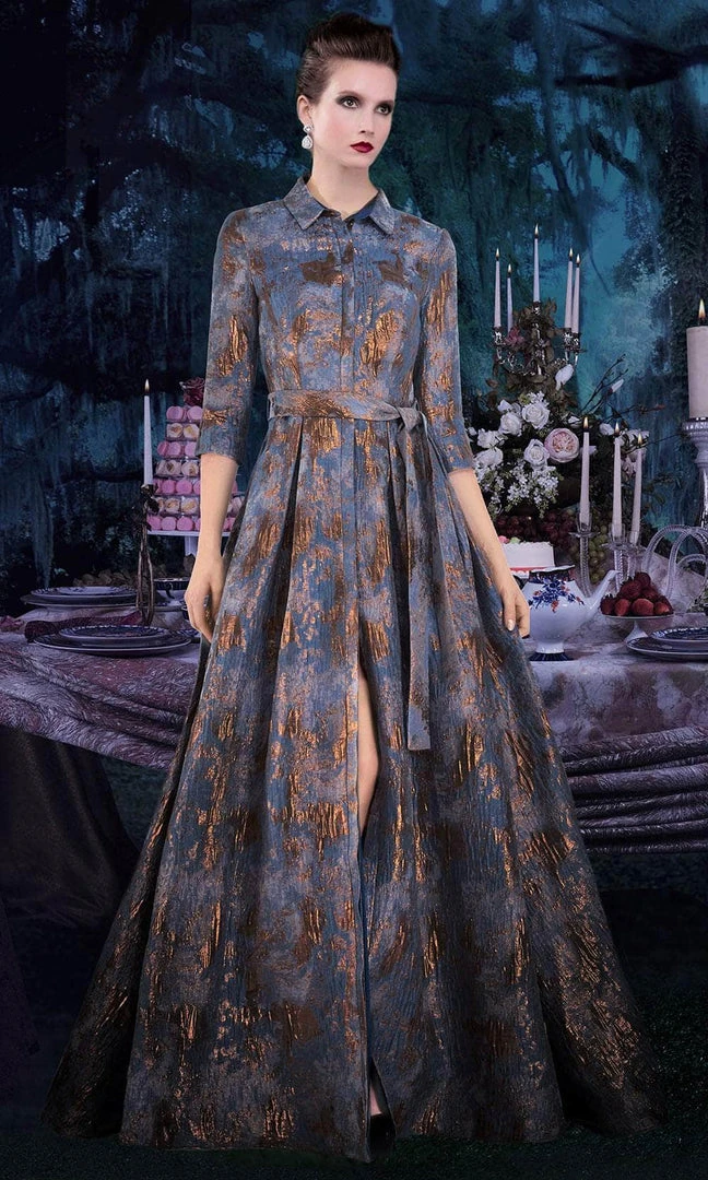 Janique - 71321 Cuffed Quarter Sleeve Button Down Jacquard Dress 3 Janique - 71321 Cuffed Quarter Sleeve Button Down Jacquard Dress