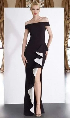 Janique - C1870 Ruffled Off-Shoulder Sheath Dress In Red 14 Janique - C1870 Ruffled Off-Shoulder Sheath Dress In Red