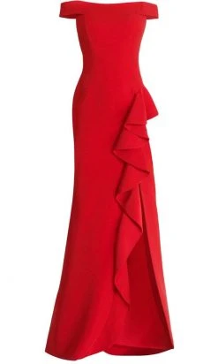 Janique - C1870 Ruffled Off-Shoulder Sheath Dress In Red 12 Janique - C1870 Ruffled Off-Shoulder Sheath Dress In Red