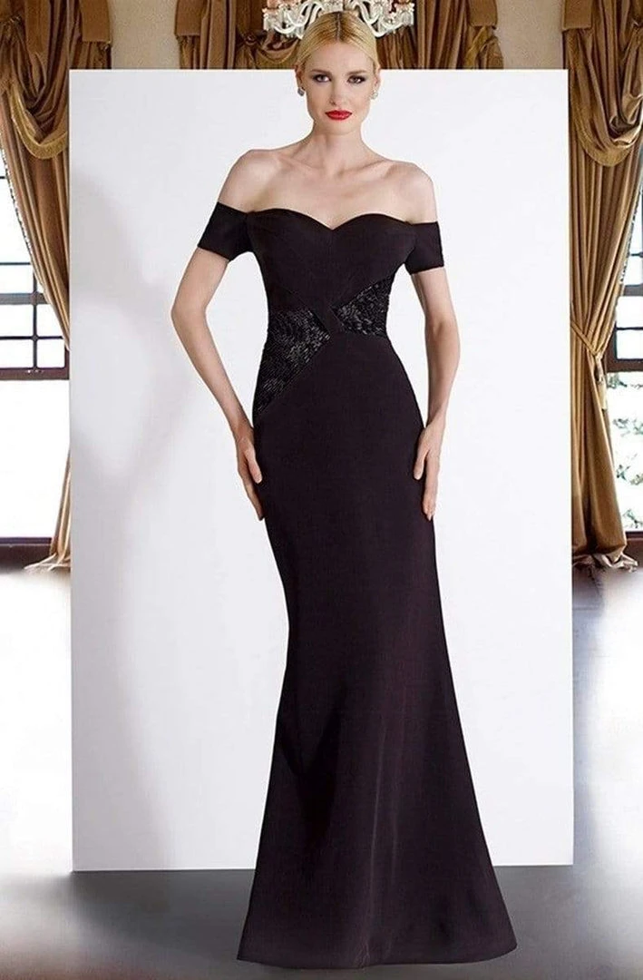 Janique - JA3026 Off-Shoulder Crepe Evening Dress In Black 3 Janique - JA3026 Off-Shoulder Crepe Evening Dress In Black