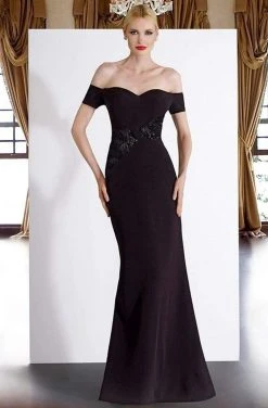 Janique - JA3026 Off-Shoulder Crepe Evening Dress In Navy