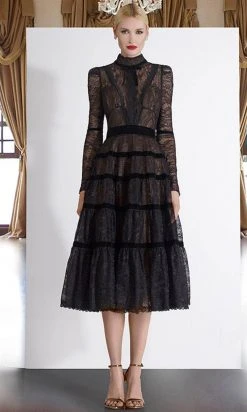 Janique - K6631 Lace Velvet High Neck Dress