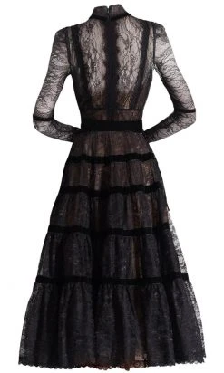 Janique - K6631 Lace Velvet High Neck Dress