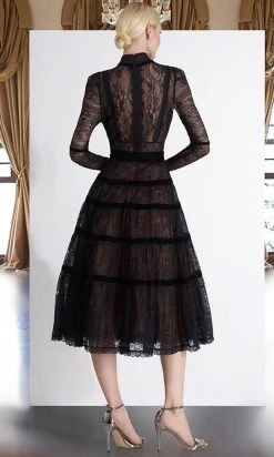 Janique - K6631 Lace Velvet High Neck Dress